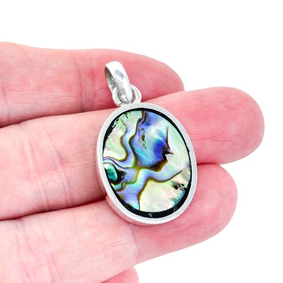 Vintage Sterling Silver 925 Iridescent Gemstone Abalone Oval Pendant - Picture 1 of 7